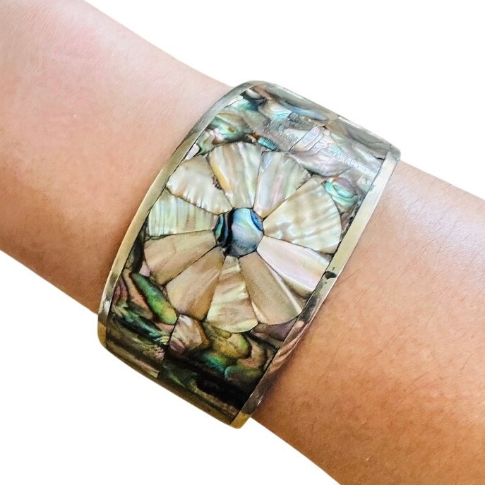 Vtg Abalone Mother Of Pearl Flower Cuff Bracelet Colorful Mexico Silver Chunky